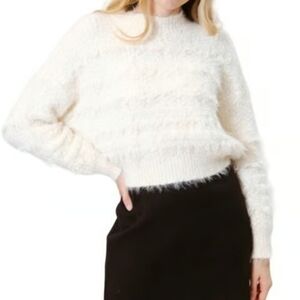Area Stars Leila Sweater in Ivory NWT Mock Neck Chic Faux Fur Fringe, Size Small